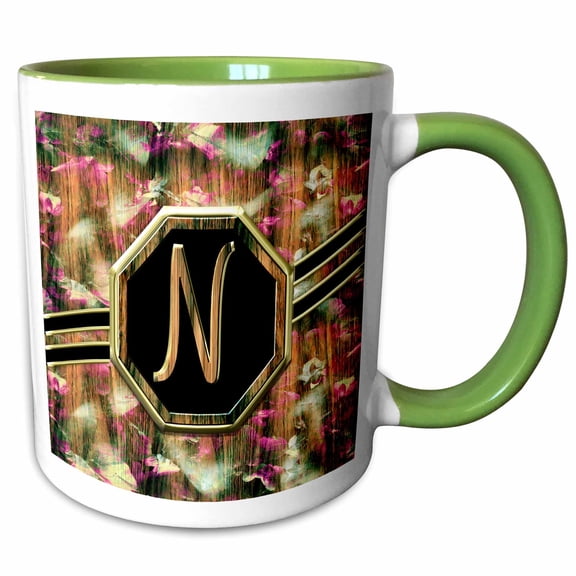 3drose, Elegant Pink Camouflage Monogram Letter N Faux Gold Wood Grain Image, 15oz Two-tone Green Mug