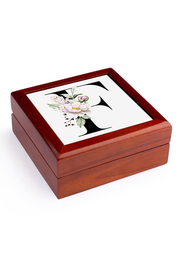 , Elegant Pink and Purple Peony Flower Monogram F, Jewelry Box 5.5x5.5 inch with 4 inch tile