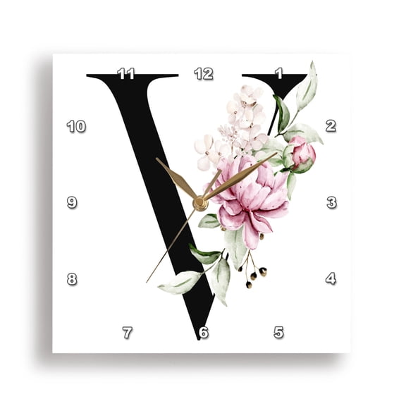 3dRose, Elegant Pink and Purple Peony Flower Monogram V, 15x15 Wall Clock