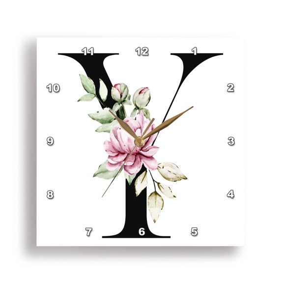 3dRose, Elegant Pink and Purple Peony Flower Monogram Y, 15x15 Wall Clock