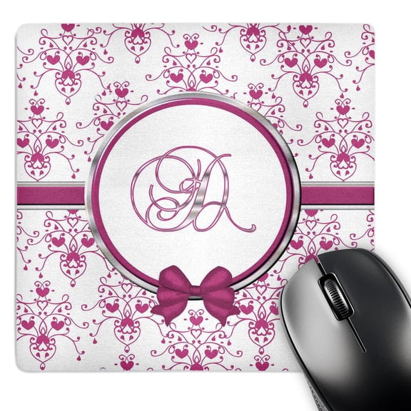 3dRose, Elegant Pink and Silver Heart Damask Monogram Letter D, MousePad