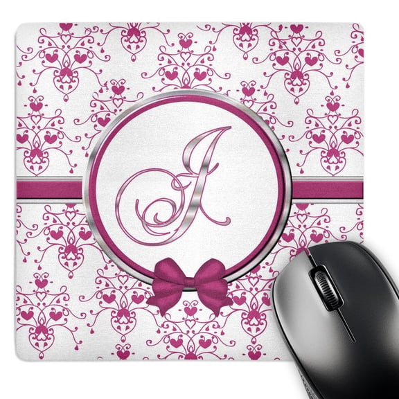 3dRose, Elegant Pink and Silver Heart Damask Monogram Letter J, MousePad