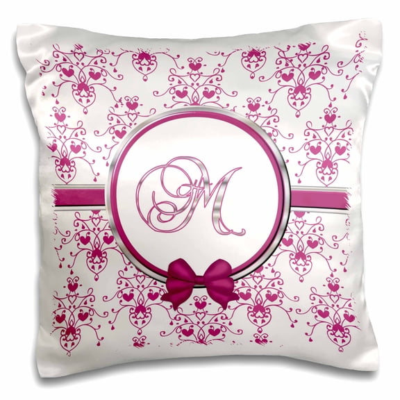 3dRose, Elegant Pink and Silver Heart Damask Monogram Letter M, 16x16 inch Pillow Case
