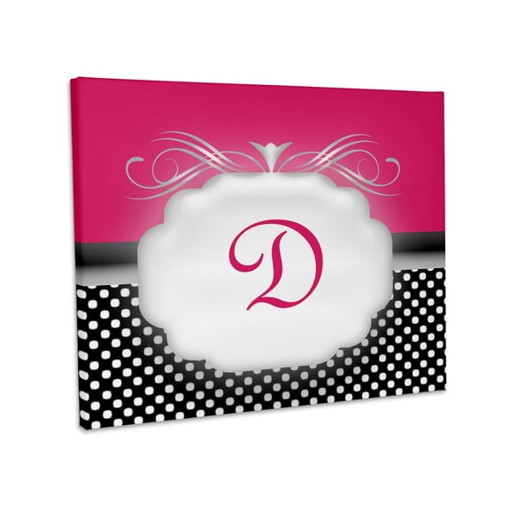 3dRose, Elegant Pink with Black and White Polka Dot Monogram Letter D, Museum Grade Canvas Wrap 14x11