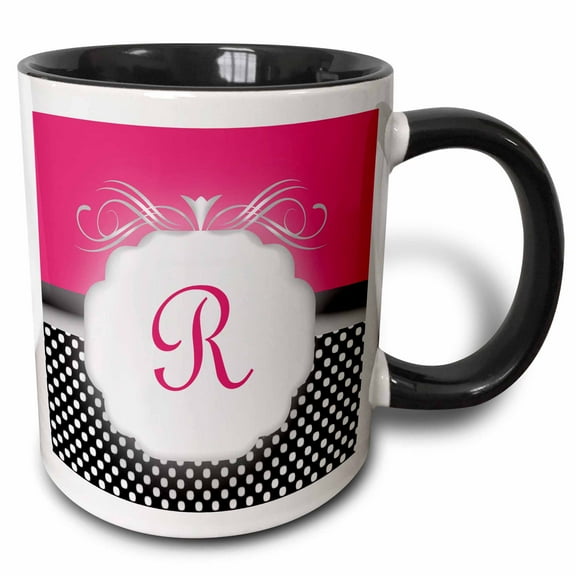 3drose, Elegant Pink with Black and White Polka Dot Monogram Letter R, 11oz Two-tone Black Mug