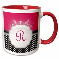 3drose, Elegant Pink with Black and White Polka Dot Monogram Letter R, 15oz Two-tone Red Mug