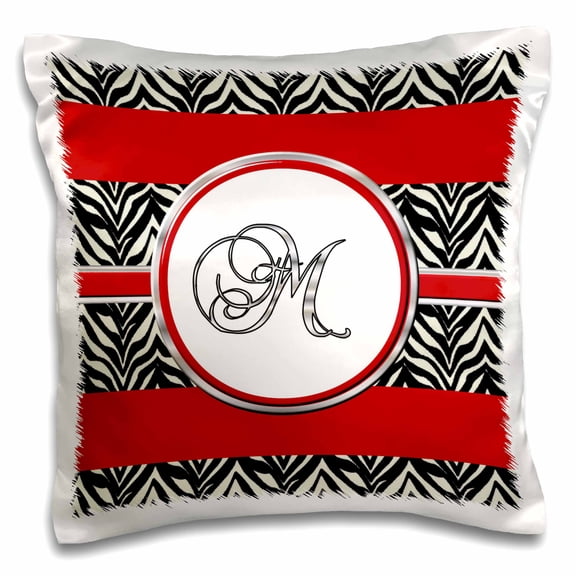 3drose, Elegant Red Black Zebra Animal Print Monogram Letter M, 16x16 inch Pillow Case