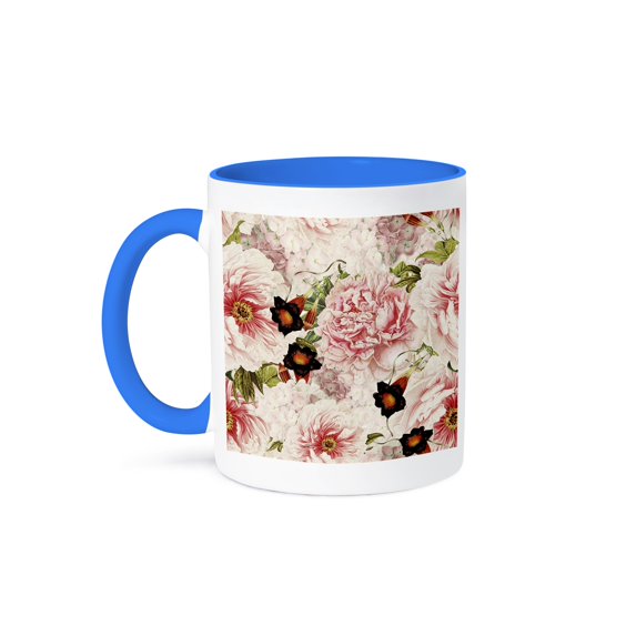 3dRose, Elegant Victorian Pink Vintage Peony and Ipomea Pattern, 15oz Two-Tone Blue Mug
