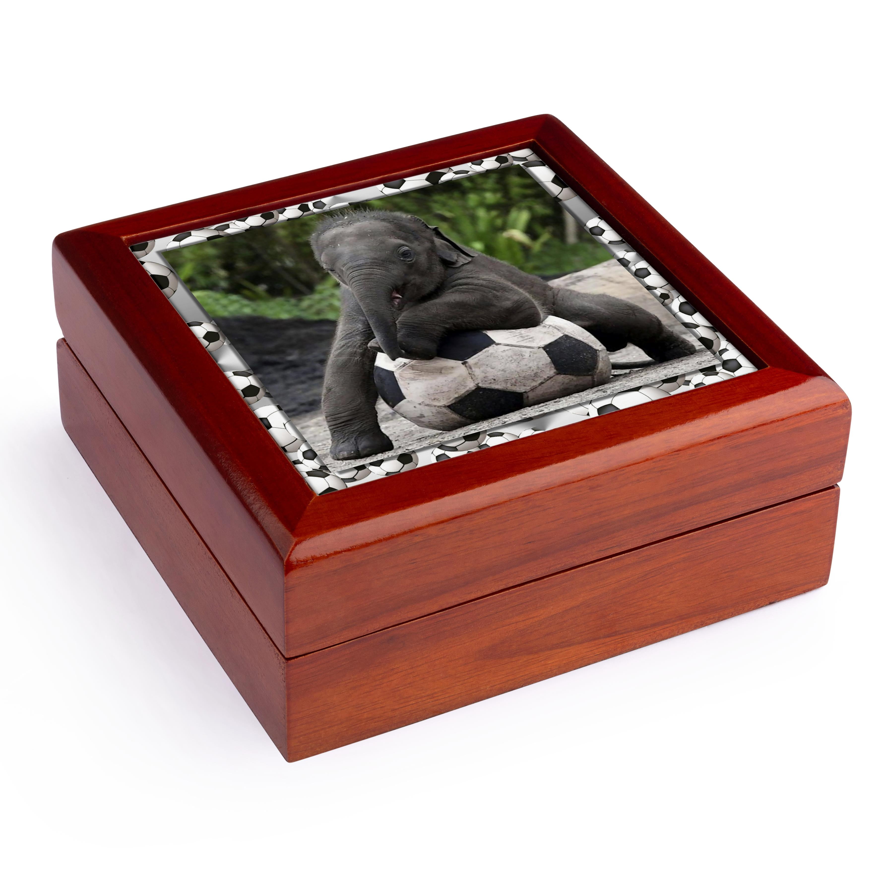 3dRose, Elephant Soccer, Jewelry Box 5.5x5.5 inch with 4 inch tile