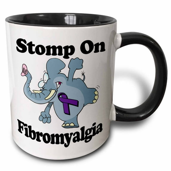 3drose, Elephant Stomp on Fibromyalgia Awareness Ribbon Cause Design, 11oz Two-tone Black Mug