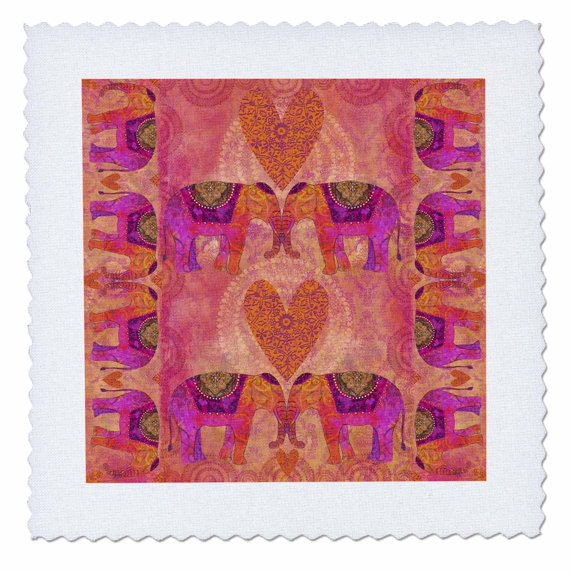 3dRose, Elephant couple in love with heart in orange and pink colors, 14x14 inch quilt square
