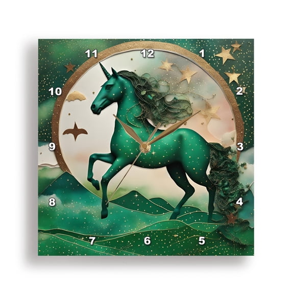 3dRose, Emerald Unicorn Mixed Media Collage Art, 15x15 Wall Clock