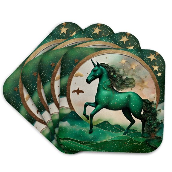 3drose, Emerald Unicorn Mixed Media Collage Art, Set of 4 Coasters - Soft
