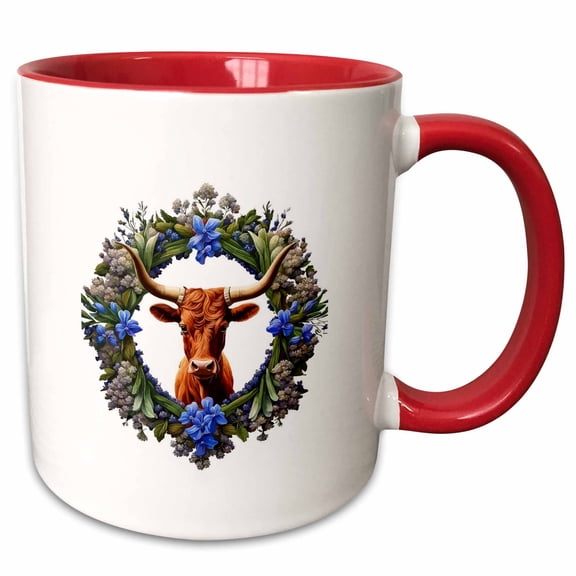 3drose, Emma the Longhorn Surrounded by a Wreath of Lupins, 11oz Two-tone Red Mug