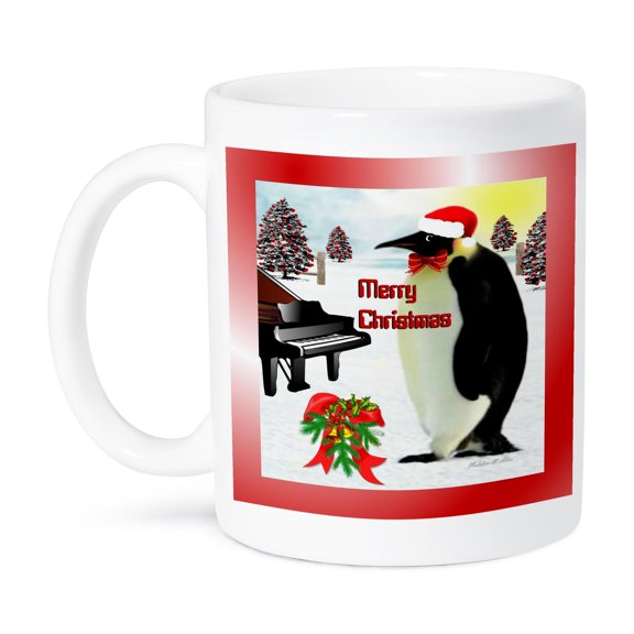 3dRose, Emperor Penguin With Piano Merry Christmas, 11oz Mug