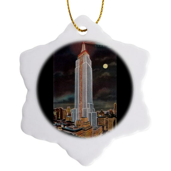 3drose, Skyscraper by Moonlight New York City, 3 inch Snowflake Porcelain Ornament