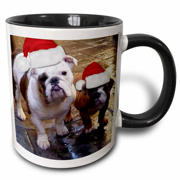 3drose, English Bulldog Christmas Wearing Santa Hats, 11oz Two-tone Black Mug