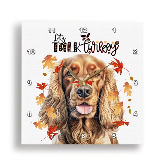 3dRose, English Cocker Spaniel and Autumn Leaves with Thanksgiving Humor, 15x15 Wall Clock