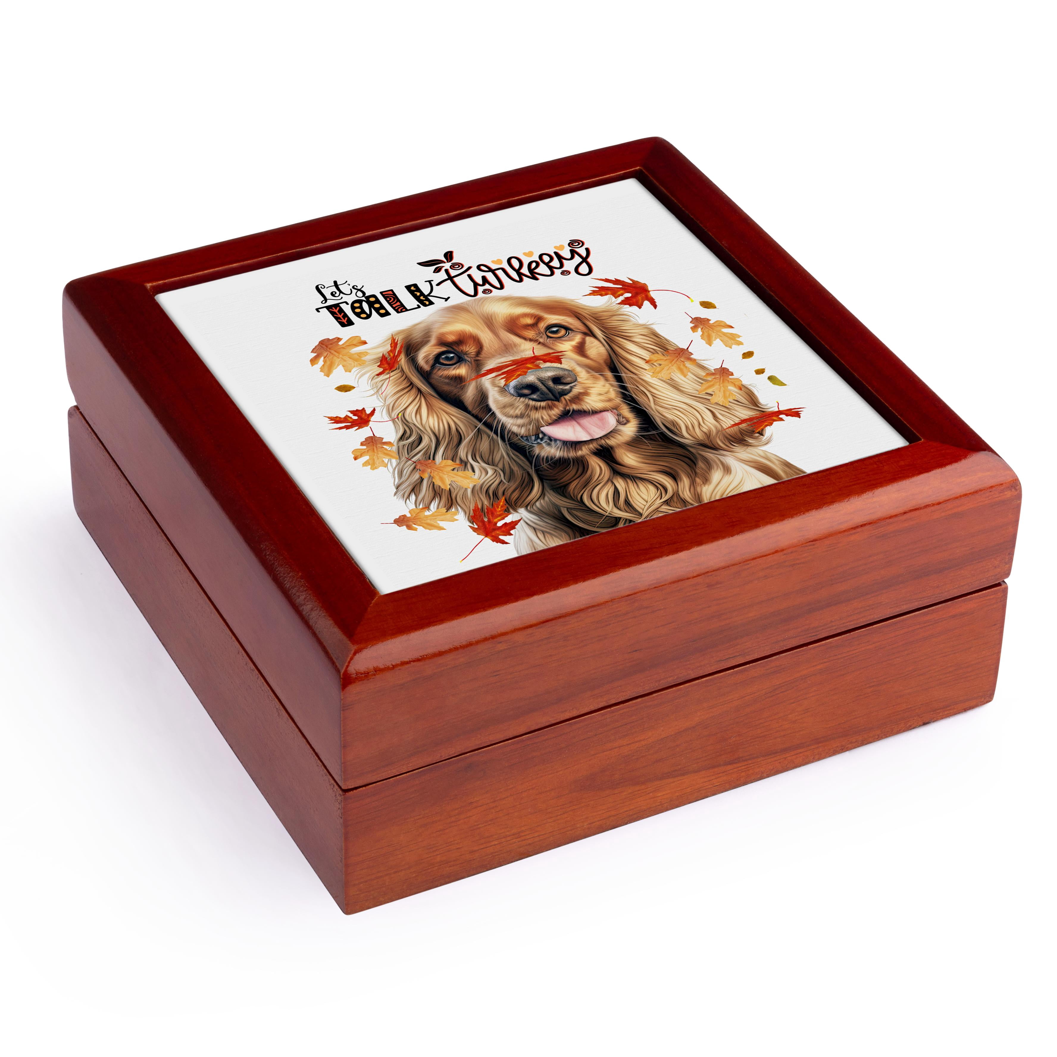 3dRose, English Cocker Spaniel and Autumn Leaves with Thanksgiving Humor, Jewelry Box 5.5x5.5 inch with 4 inch tile