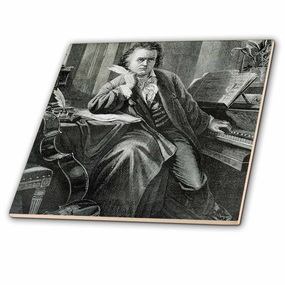 3dRose, Engraving of Beethoven, German composer, Historical Art - HI12 PRI0222 - Prisma, 6 Inch Glass Tile