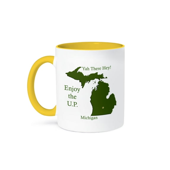 3dRose, Enjoy the U.P. Michigan with Da Yoopers (Map of Michigan), 11oz Two-Tone Yellow Mug