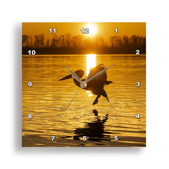3dRose, Europe, Greece, Lake Kerkini. Dalmatian pelican flies through dawn., 15x15 Wall Clock