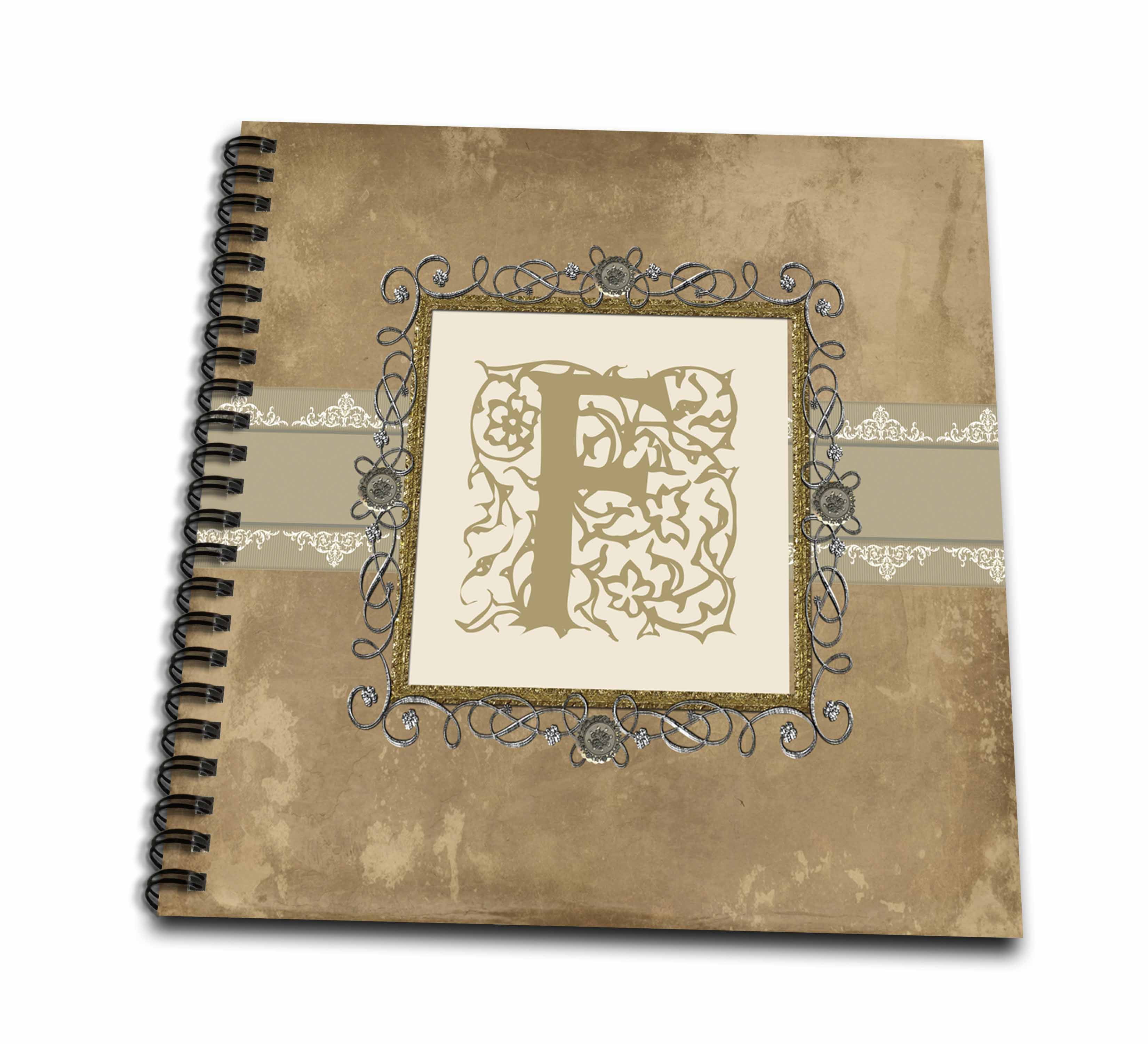 3dRose, F Initial Vintage Elegant Vines and Flowers in Sepia and Pewter Look, Memory Book 12 x 12 inch