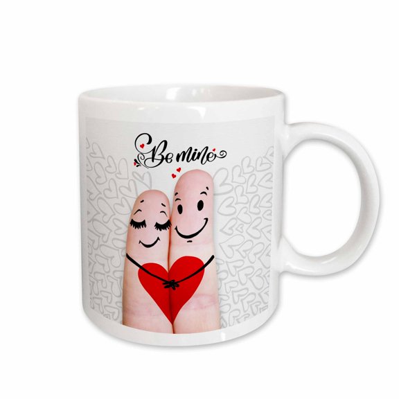 3drose, Faces Drawn on Fingers for a Be Mine Valentine Happy Couple in Love, 15oz Mug