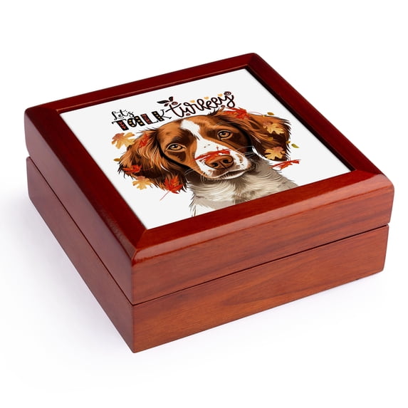 3dRose, Falling Autumn Leaves Surround a Brittany Spaniel Dog on Thanksgiving, Jewelry Box 5.5x5.5 inch with 4 inch tile