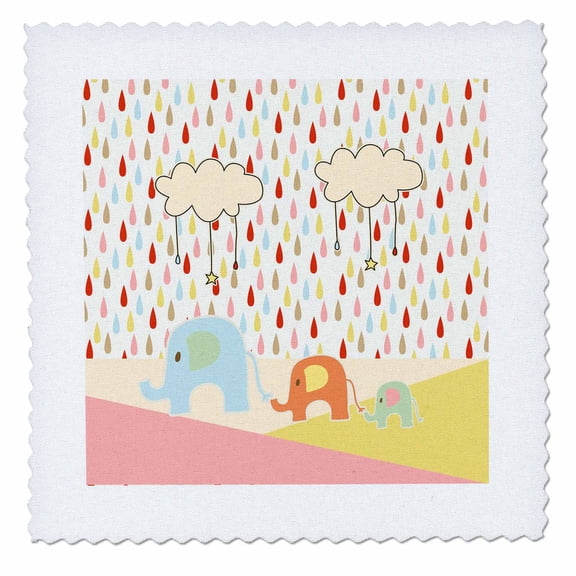3dRose, Family of Three Elephants in the Rain with Clouds, Yellow, Pink, Blue, 14x14 inch quilt square