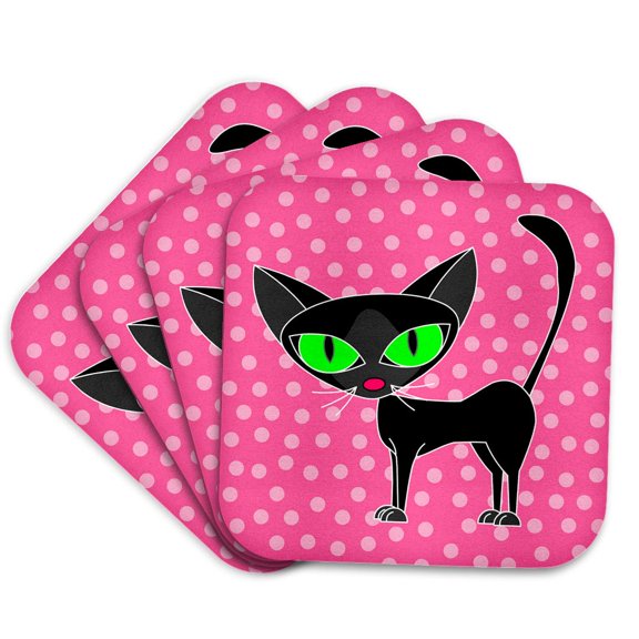 3drose, Fancy Feline Black Cat Pink Dots Design, Set of 4 Coasters - Soft