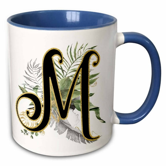 3drose, Fancy Monogram Initial M on Green Tropical Leaves, 11oz Two-tone Blue Mug