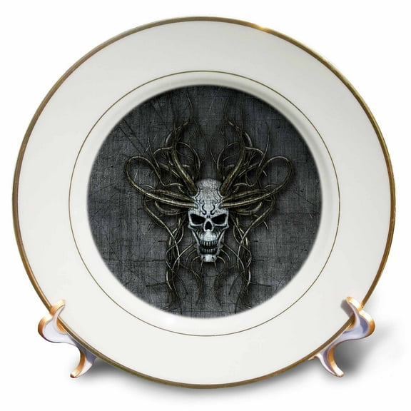3dRose, Fantasy Monster Skull with Snakes in Black and Gray Beast Design, 8 inch Porcelain Plate