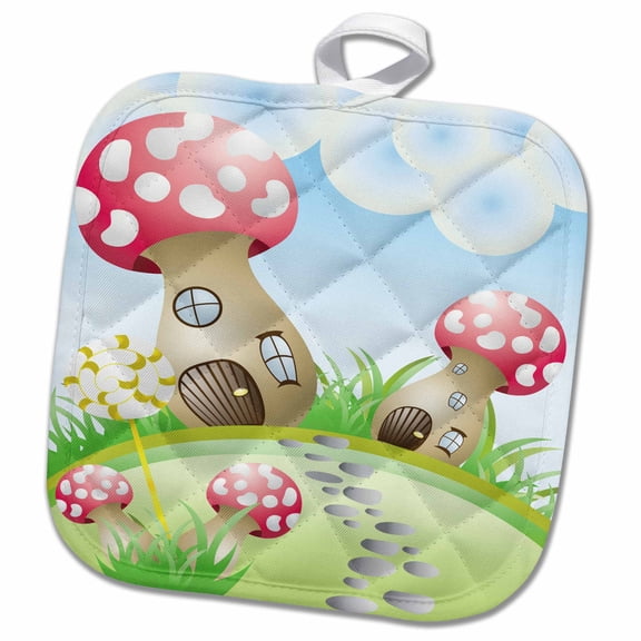 3dRose, Fantasy Nature Background Scene Mushroom Houses and Lollipop Vector Design, 8x8 Potholder