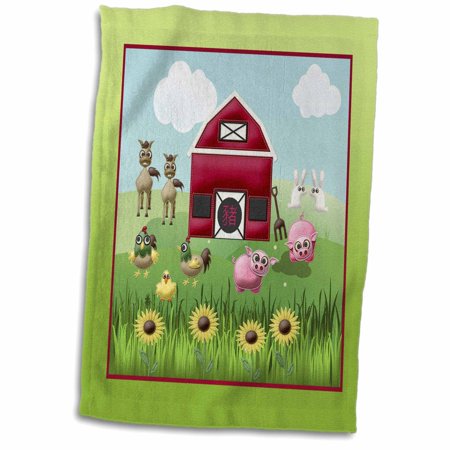 3dRose Farm with Pigs, Horses, Chickens, Rabbits, Barn, and Sunflowers - Towel, 15 by 22-inch