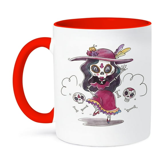 3dRose, Fashionable Trendy Skeleton Dancing Dia De Los Muertos, 11oz Two-Tone Red Mug