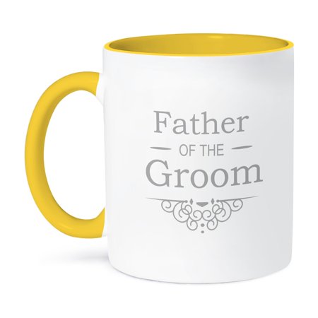 3dRose, Father of the Groom in silver - Wedding - part of matching marriage party set - grey gray swirls, 11oz Two-Tone Yellow Mug