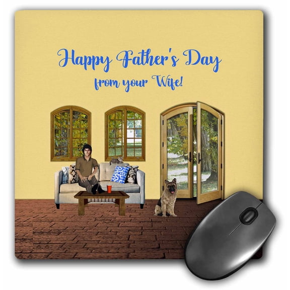 3dRose, Fathers Day from Wife, Man on Couch with Cat, Dog on Floor by Door, MousePad