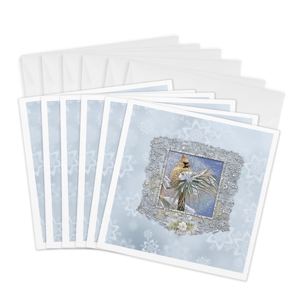 3drose, Female Cardinal Bird in the Snow, Lace Frame, Snowflake Design, Blue, 6 Greeting Cards with Envelopes