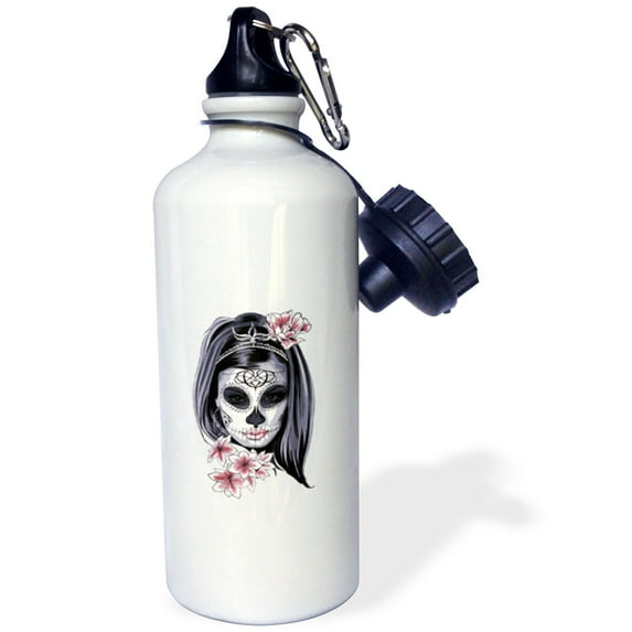 3dRose, Female Skull with pink Flowers in Hair Black White Gothic Day of the Dead, 21 oz Sports Water Bottle