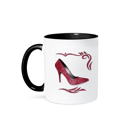 3dRose, Feminine Pink Cheetah Print with Ladies Pump for a Wild Animal Print, 11oz Two-Tone Black Mug