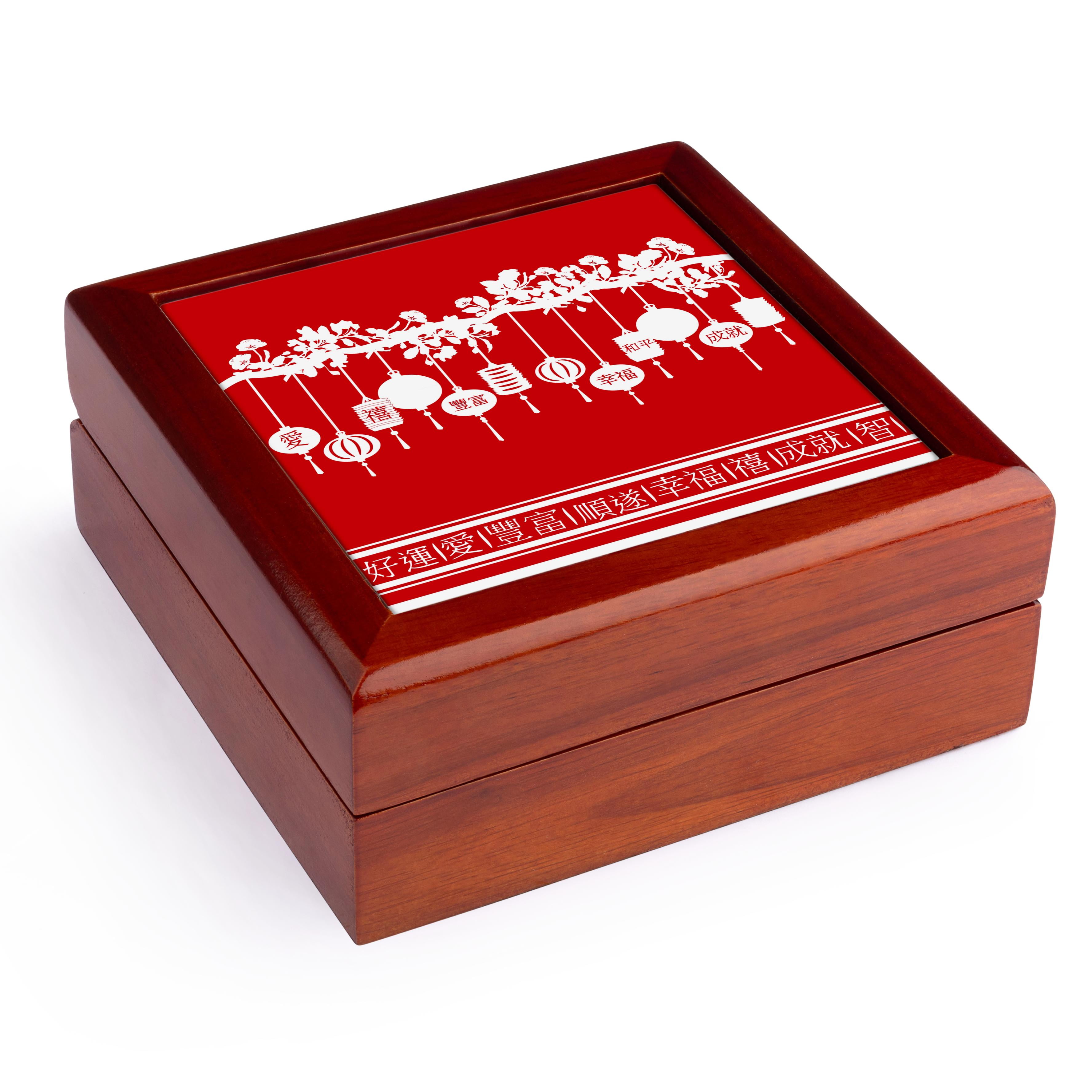 3dRose, Festive Chinese Lanterns blessings. Red and white for Chinese New Year, Jewelry Box 5.5x5.5 inch with 4 inch tile