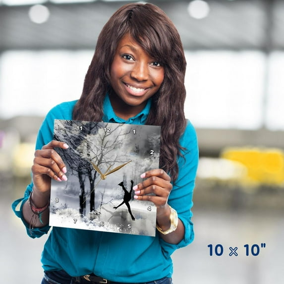 3dRose, Figure Skater Silhouette Skating on a frozen pond in a beautiful winter snow scene, 10x10 Wall Clock
