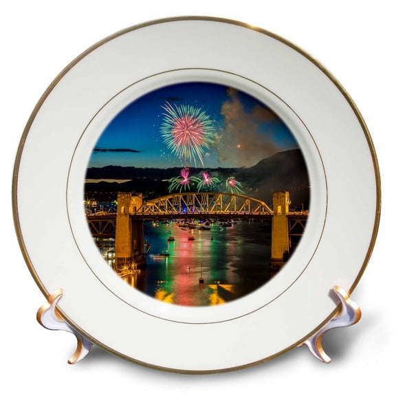 3dRose, Fireworks over Burrard St. Bridge, Vancouver, British Columbia, 8 inch Porcelain Plate