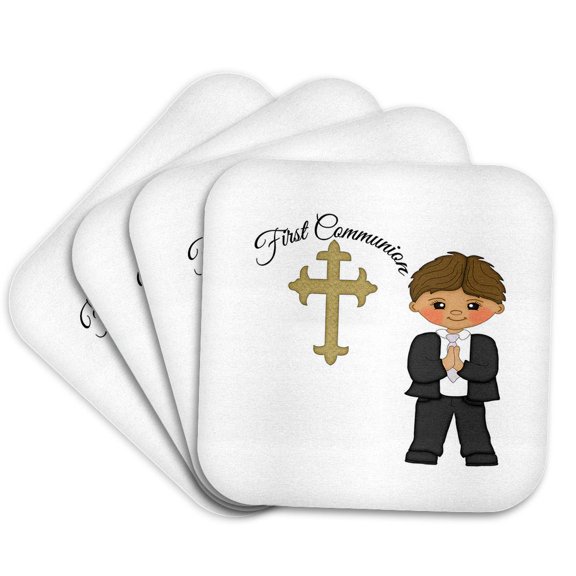 3dRose, First Communion Cross With Little Boy Illustration, Set of 4 Coasters - Soft