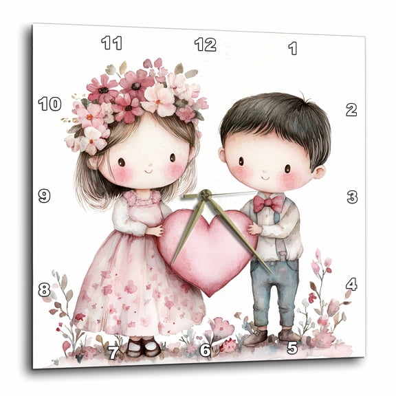 3drose, First Crush Boy and Girl Holding a Heart, 10x10 Wall Clock