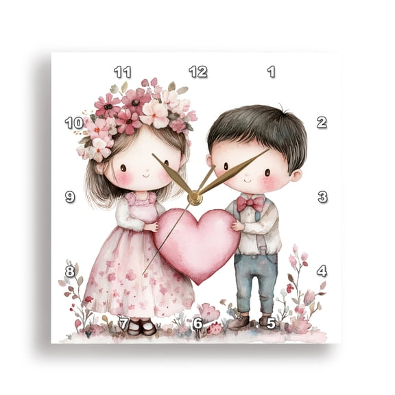 3dRose, First Crush Boy and Girl Holding A Heart, 15x15 Wall Clock