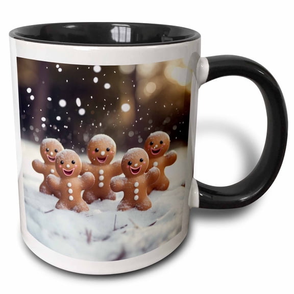 3drose, Five Happy Gingerbread Men in a Field of Snow During a Sunset., 15oz Two-tone Black Mug