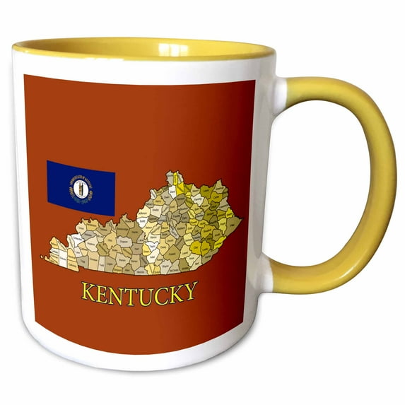 3drose, Flag and Map of Kentucky Counties in Colors, Brick Red Background, 15oz Two-tone Yellow Mug