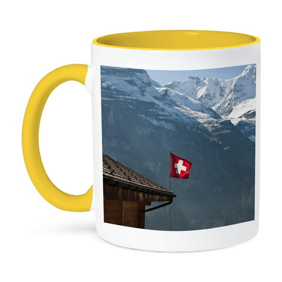 3dRose, Flag, Mountains, Murren, Jungfrau, Switzerland - EU29 MDE0022 - Michael DeFreitas, 11oz Two-Tone Yellow Mug